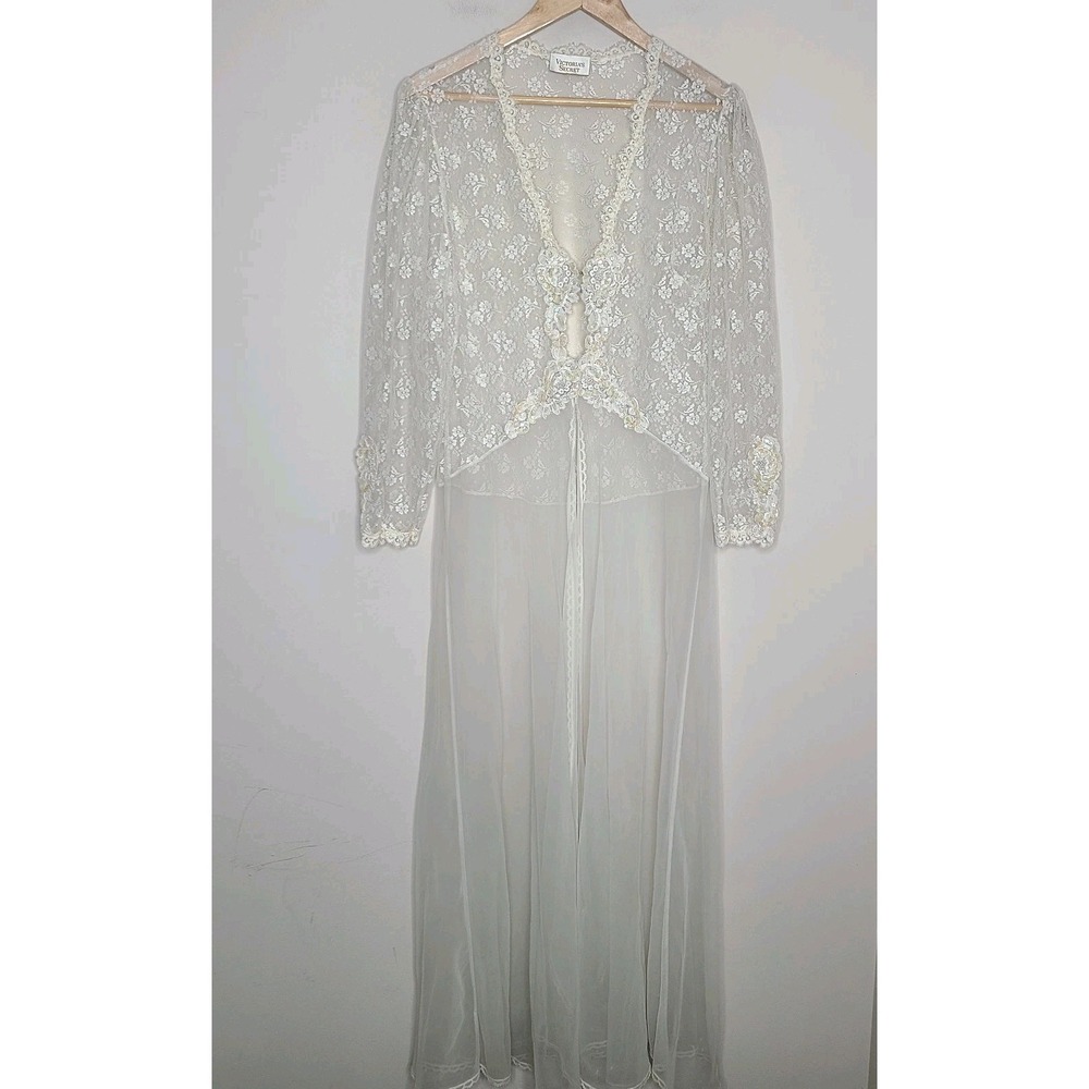 Vintage 80's Victoria's Secret Gold Label Lingerie Robe Lace‎ Floral Sequin